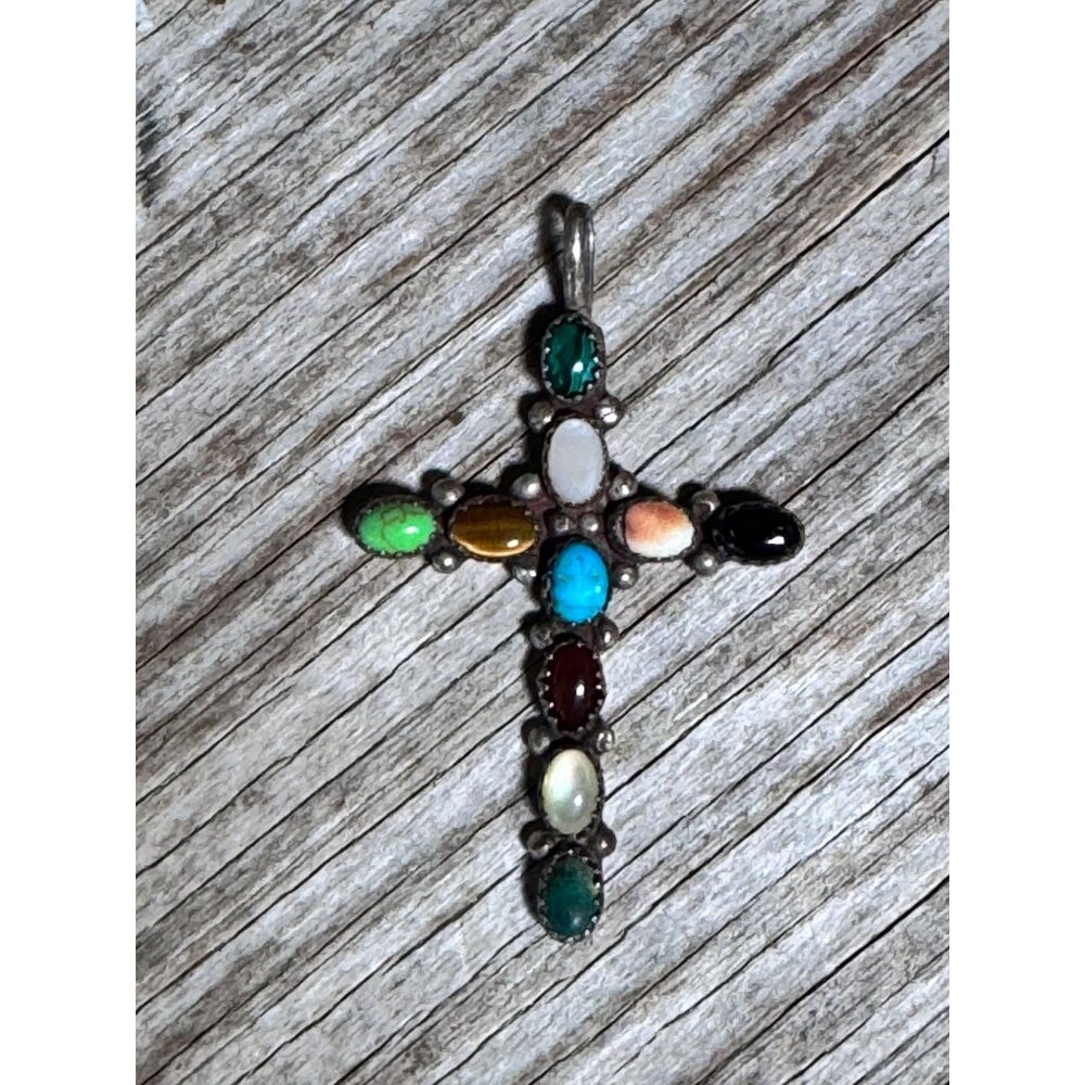 Sterling Silver Cross Pendant With Multi-Gemstone Inlay Design